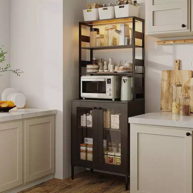 Meuble de Cuisine Multifonction avec Prises, Lumières LED et Rangement avec Portes en Verre, 170 cm H