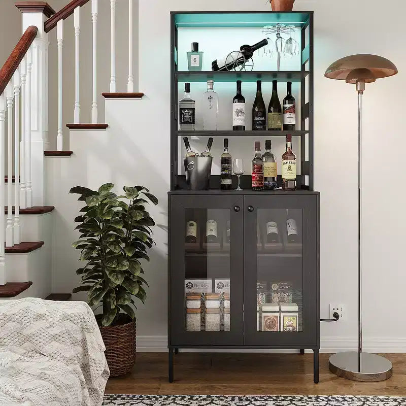 Meuble de Cuisine Multifonction avec Prises, Lumières LED et Rangement avec Portes en Verre, 170 cm H