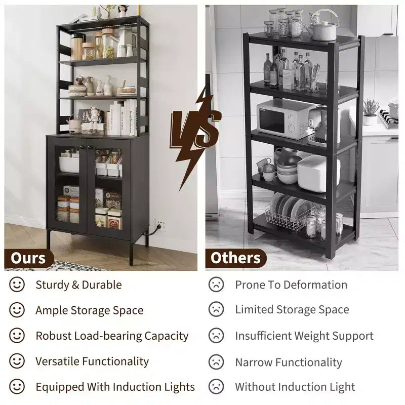 Meuble de Cuisine Multifonction avec Prises, Lumières LED et Rangement avec Portes en Verre, 170 cm H
