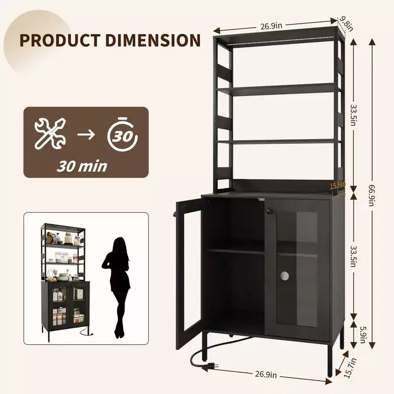 Meuble de Cuisine Multifonction avec Prises, Lumières LED et Rangement avec Portes en Verre, 170 cm H