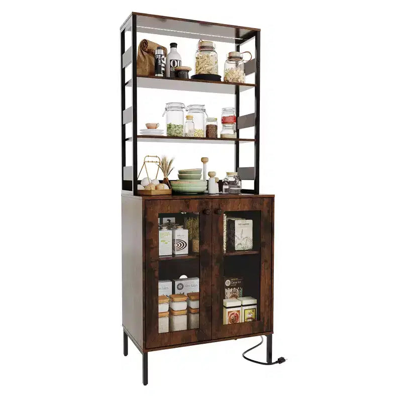 Meuble de Cuisine Multifonction avec Prises, Lumières LED et Rangement avec Portes en Verre, 170 cm H