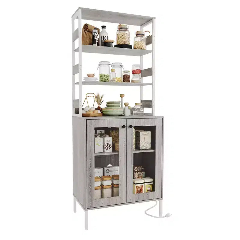 Meuble de Cuisine Multifonction avec Prises, Lumières LED et Rangement avec Portes en Verre, 170 cm H