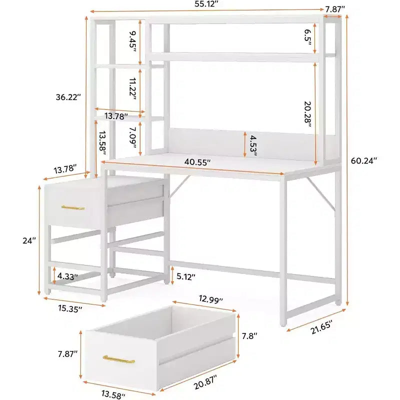 Grand bureau d'ordinateur avec étagère supérieure, 2 tiroirs et étagères ouvertes, table d'écriture moderne, blanc, 152,1 cm (59,89") de hauteur