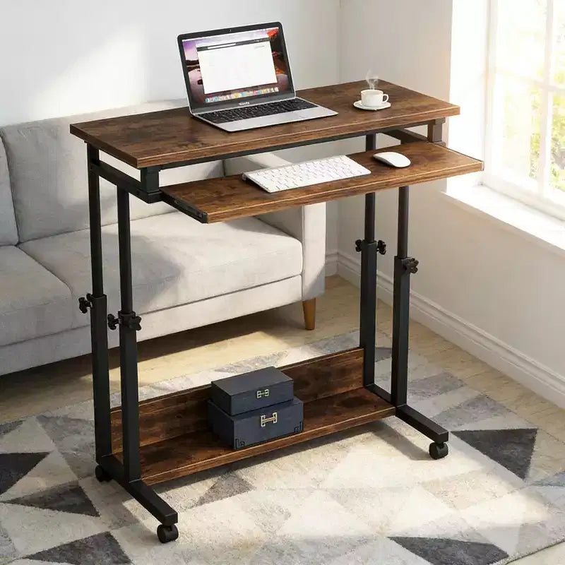 Bureau d'ordinateur portable mobile à roulettes avec tablette de clavier escamotable et réglage de la hauteur, 69,9 cm-109,9 cm