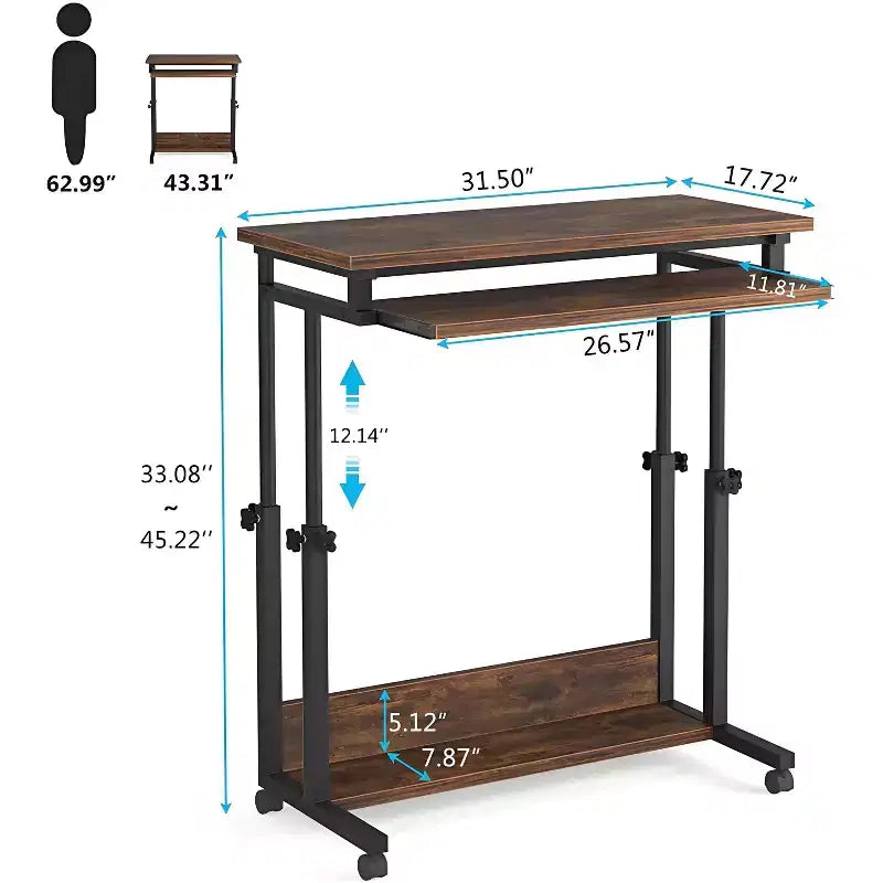 Bureau d'ordinateur portable mobile à roulettes avec tablette de clavier escamotable et réglage de la hauteur, 69,9 cm-109,9 cm