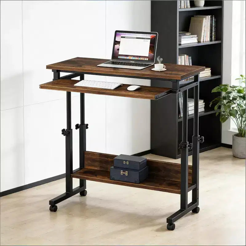 Bureau d'ordinateur portable mobile à roulettes avec tablette de clavier escamotable et réglage de la hauteur, 69,9 cm-109,9 cm