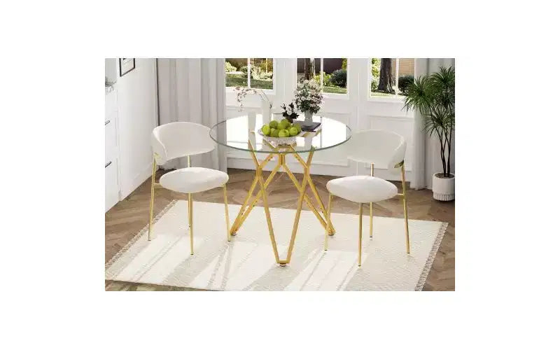 Table à manger ronde en verre trempé avec pieds en métal doré, 2-4 places, compacte