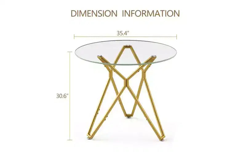 Table à manger ronde en verre trempé avec pieds en métal doré, 2-4 places, compacte