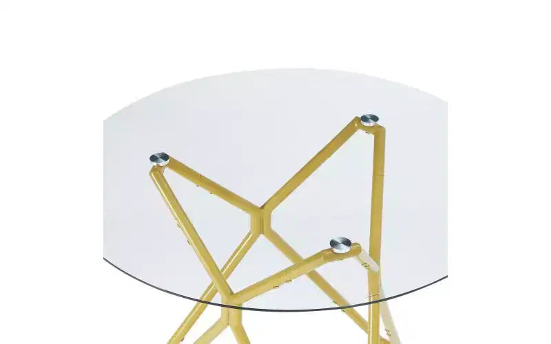 Table à manger ronde en verre trempé avec pieds en métal doré, 2-4 places, compacte