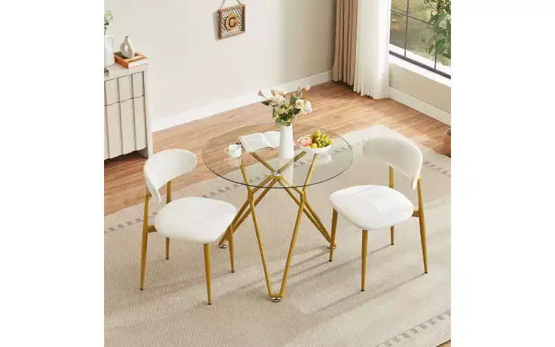 Table à manger ronde en verre trempé avec pieds en métal doré, 2-4 places, compacte