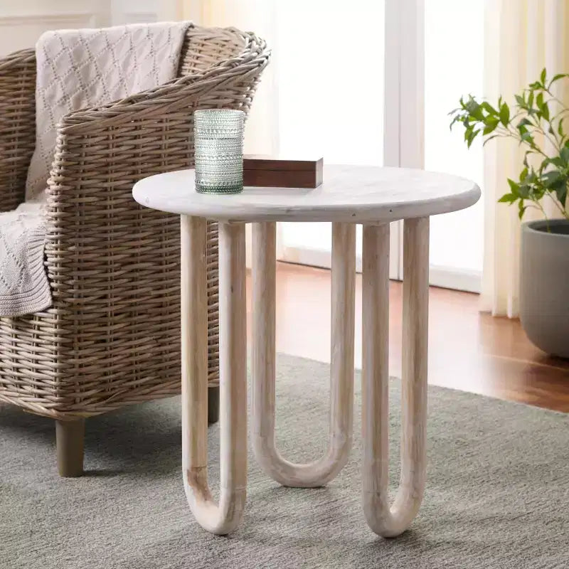 Guéridon Rond en Bois de Mangue, Fini Lavé Naturel, 56 cm H, Capacité de 6,8 kg
