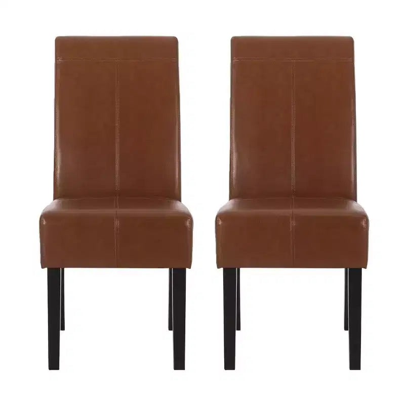 Lot de 2 chaises de salle à manger à dossier haut en similicuir avec surpiqûres en T, Cognac & pieds en bois Espresso