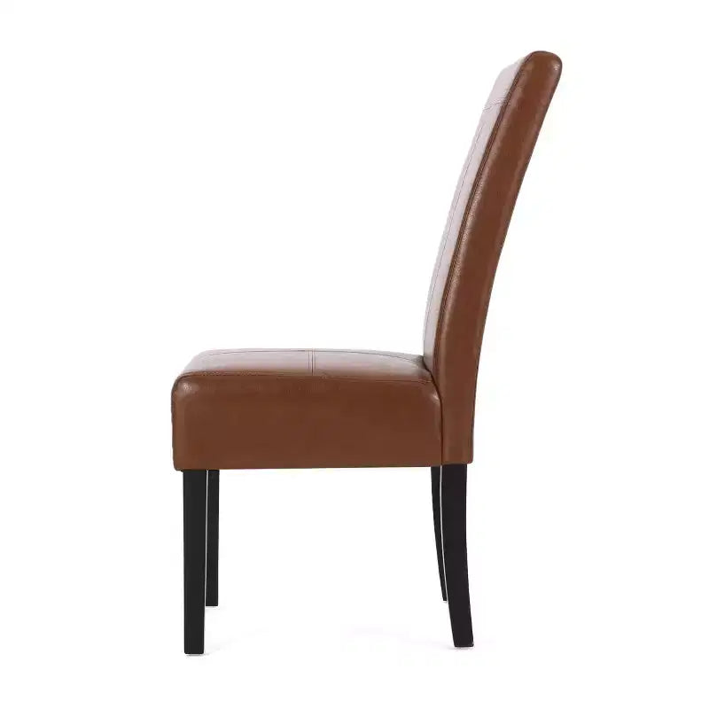 Lot de 2 chaises de salle à manger à dossier haut en similicuir avec surpiqûres en T, Cognac & pieds en bois Espresso