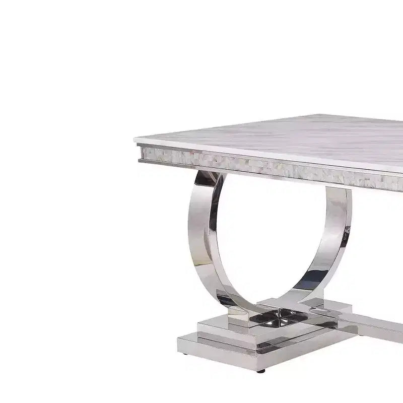 Table à manger rectangulaire avec plateau effet marbre et piètement colonne argenté, 6 places, Blanc
