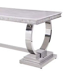 Table à manger rectangulaire avec plateau effet marbre et piètement colonne argenté, 6 places, Blanc