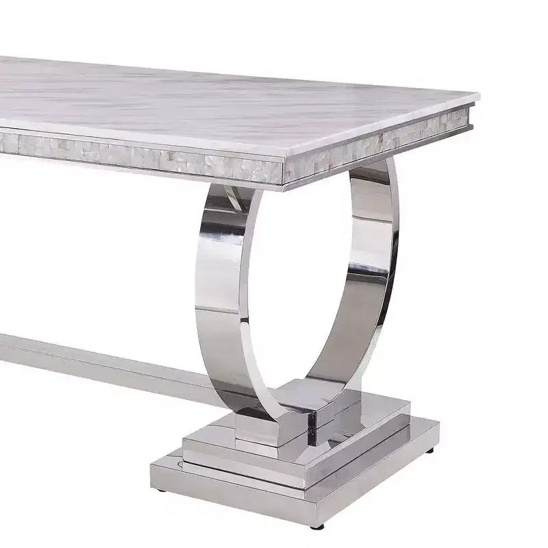 Table à manger rectangulaire avec plateau effet marbre et piètement colonne argenté, 6 places, Blanc