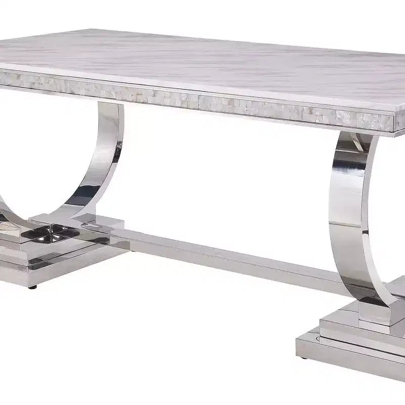 Table à manger rectangulaire avec plateau effet marbre et piètement colonne argenté, 6 places, Blanc