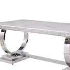 Table à manger rectangulaire avec plateau effet marbre et piètement colonne argenté, 6 places, Blanc
