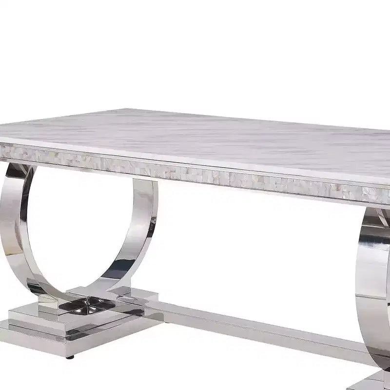 Table à manger rectangulaire avec plateau effet marbre et piètement colonne argenté, 6 places, Blanc