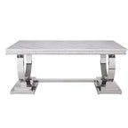 Table à manger rectangulaire avec plateau effet marbre et piètement colonne argenté, 6 places, Blanc