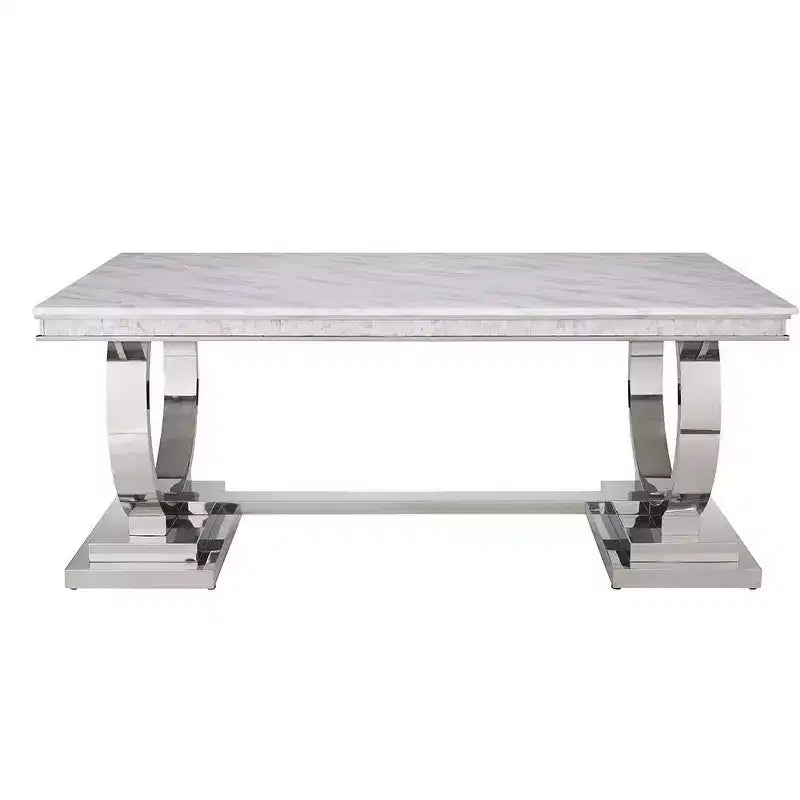 Table à manger rectangulaire avec plateau effet marbre et piètement colonne argenté, 6 places, Blanc