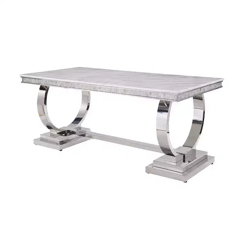 Table à manger rectangulaire avec plateau effet marbre et piètement colonne argenté, 6 places, Blanc