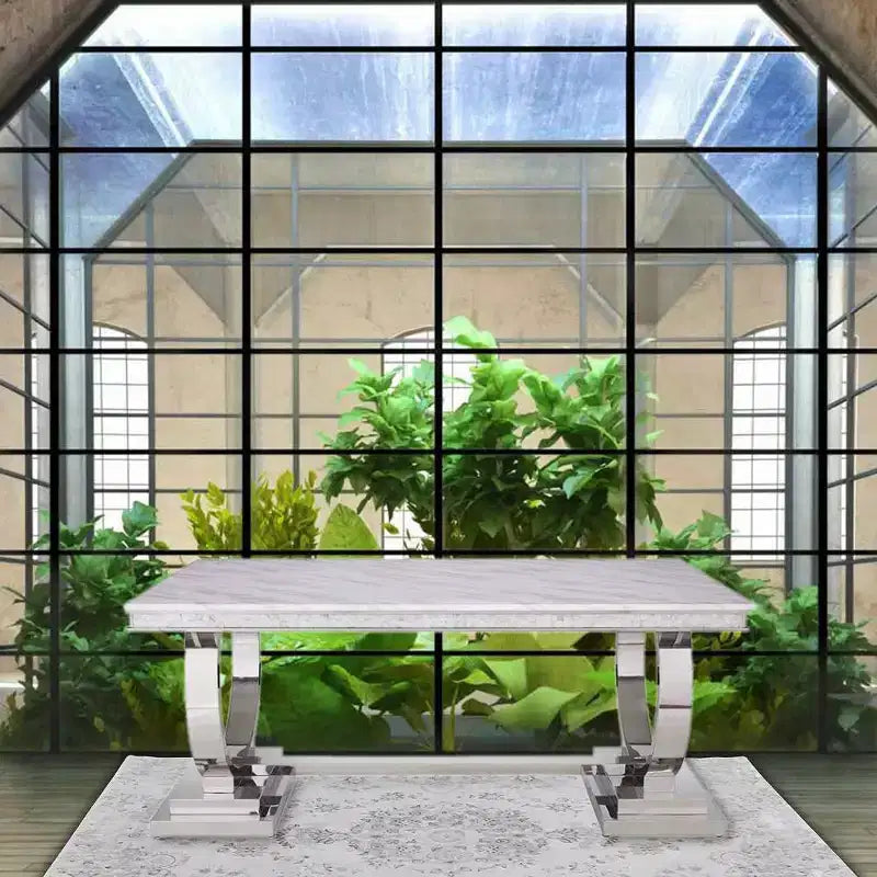 Table à manger rectangulaire avec plateau effet marbre et piètement colonne argenté, 6 places, Blanc