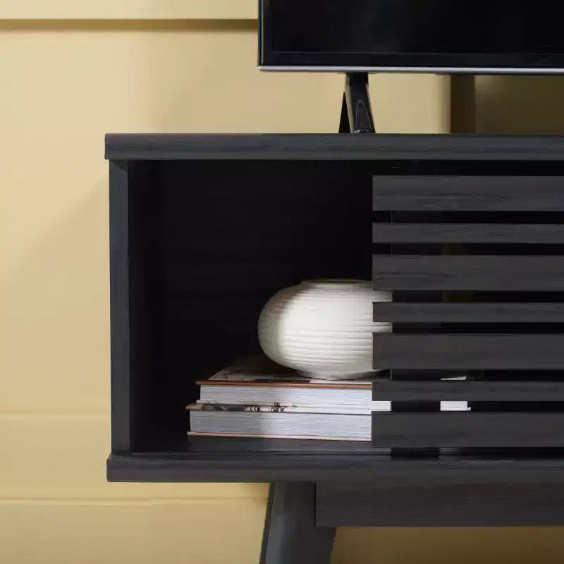 Meuble TV 1 porte 2 étagères avec étagères réglables et gestion des câbles, Noyer, Compatible TV jusqu'à 50"