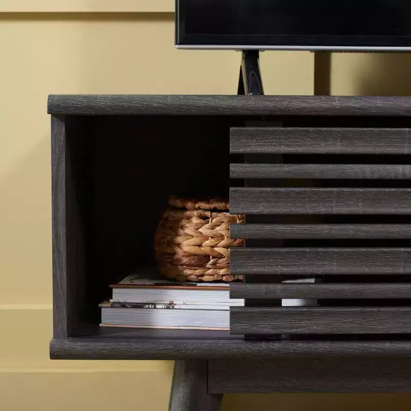 Meuble TV 1 porte 2 étagères avec étagères réglables et gestion des câbles, Noyer, Compatible TV jusqu'à 50"