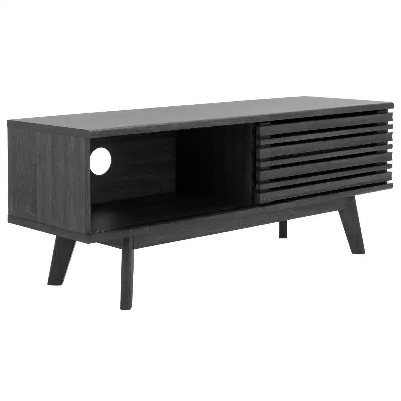 Meuble TV 1 porte 2 étagères avec étagères réglables et gestion des câbles, Noyer, Compatible TV jusqu'à 50"