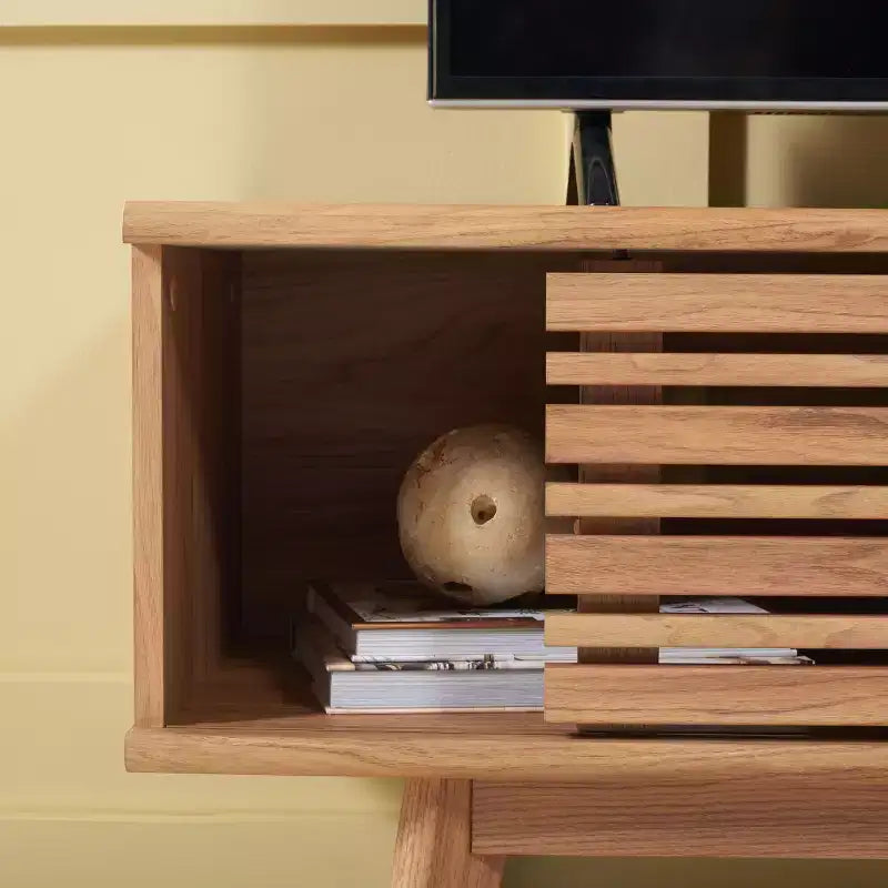 Meuble TV 1 porte 2 étagères avec étagères réglables et gestion des câbles, Noyer, Compatible TV jusqu'à 50"