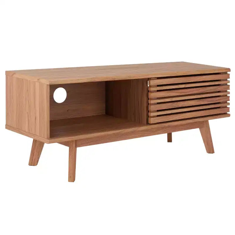 Meuble TV 1 porte 2 étagères avec étagères réglables et gestion des câbles, Noyer, Compatible TV jusqu'à 50"