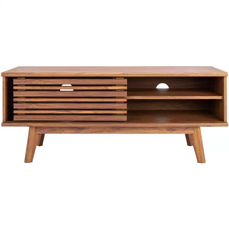 Meuble TV 1 porte 2 étagères avec étagères réglables et gestion des câbles, Noyer, Compatible TV jusqu'à 50"