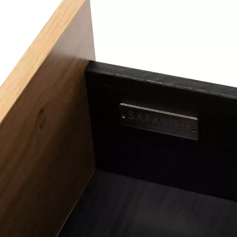 Meuble TV noir et chêne de 55" avec tiroir, étagère ouverte et gestion des câbles, convient aux téléviseurs jusqu'à 60"