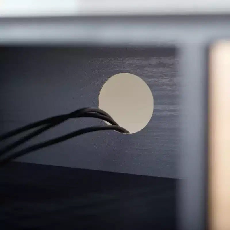 Meuble TV noir et chêne de 55" avec tiroir, étagère ouverte et gestion des câbles, convient aux téléviseurs jusqu'à 60"
