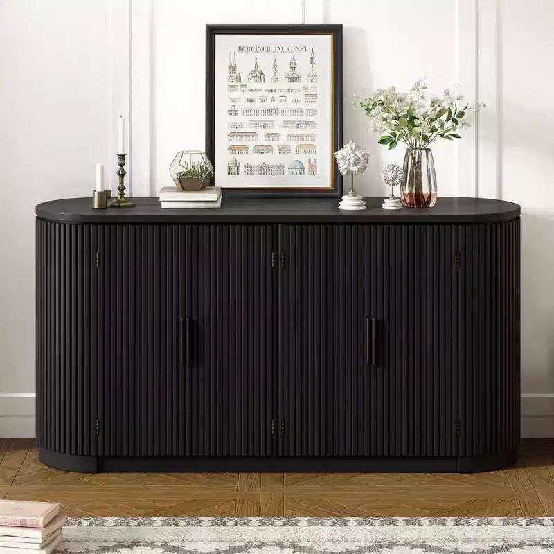 Buffet à rayures verticales de 160 cm avec étagères réglables et poignées en métal, meuble de rangement