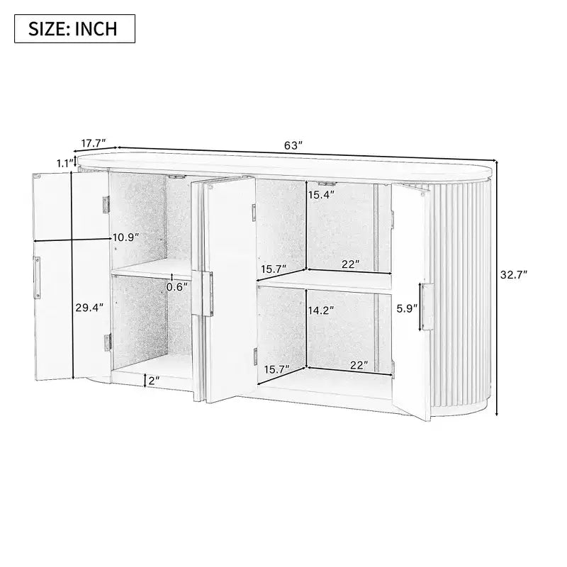 Buffet à rayures verticales de 160 cm avec étagères réglables et poignées en métal, meuble de rangement