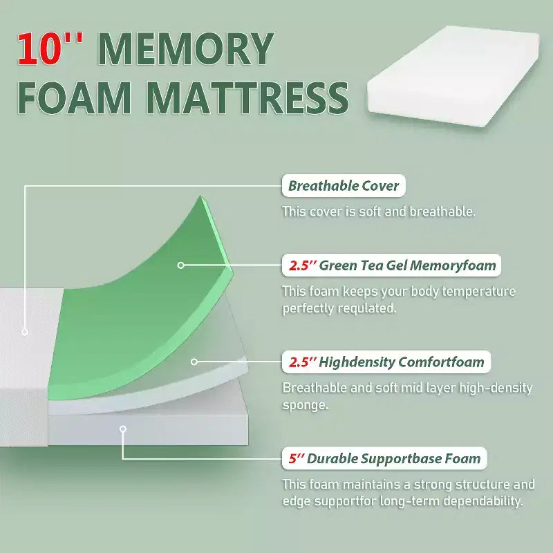 Matelas en mousse à mémoire de forme rafraîchissante au thé vert de 10 pouces, certifié CertiPUR-US, livré en boîte, sans fibre de verre