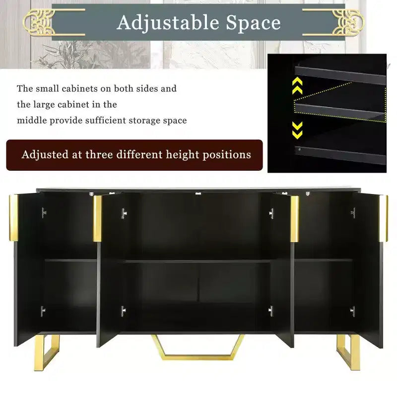 Buffet moderne de 60" avec 4 portes, pieds en métal et étagères réglables, noir et doré