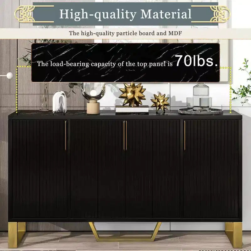 Buffet moderne de 60" avec 4 portes, pieds en métal et étagères réglables, noir et doré