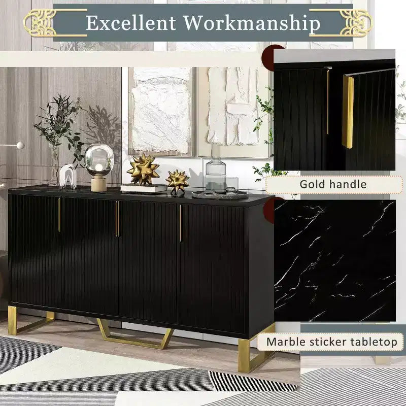 Buffet moderne de 60" avec 4 portes, pieds en métal et étagères réglables, noir et doré