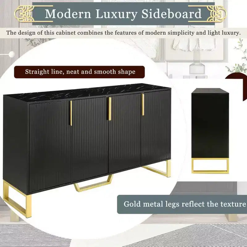 Buffet moderne de 60" avec 4 portes, pieds en métal et étagères réglables, noir et doré