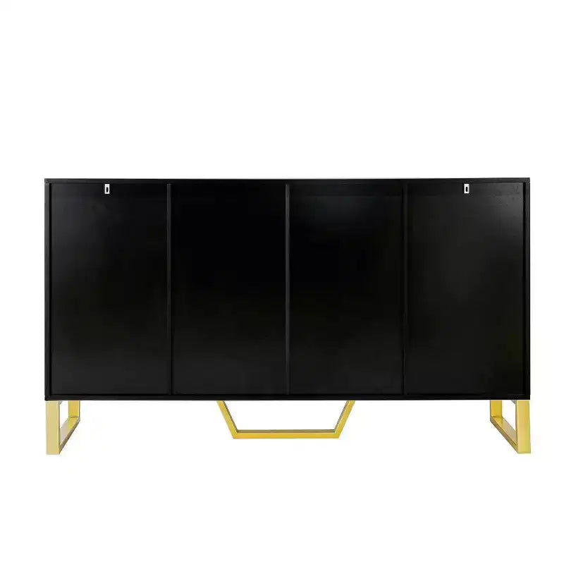 Buffet moderne de 60" avec 4 portes, pieds en métal et étagères réglables, noir et doré