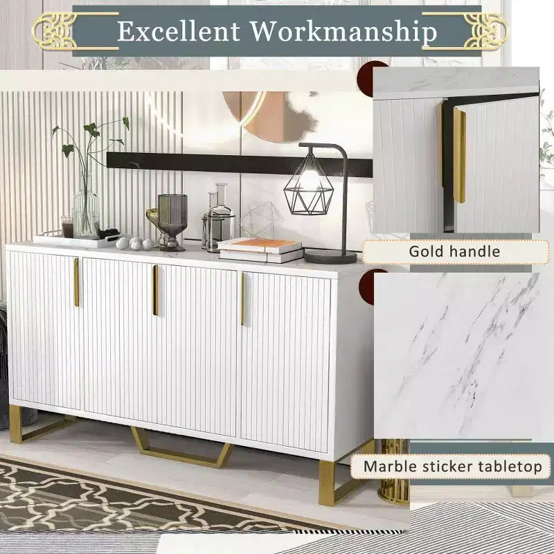 Buffet moderne de 60" avec 4 portes, pieds en métal et étagères réglables, noir et doré