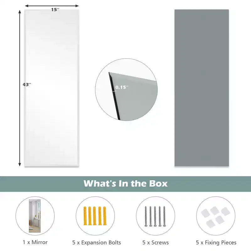 Miroir mural sans cadre 43x15", pleine longueur, montage vertical ou horizontal, antidéflagrant
