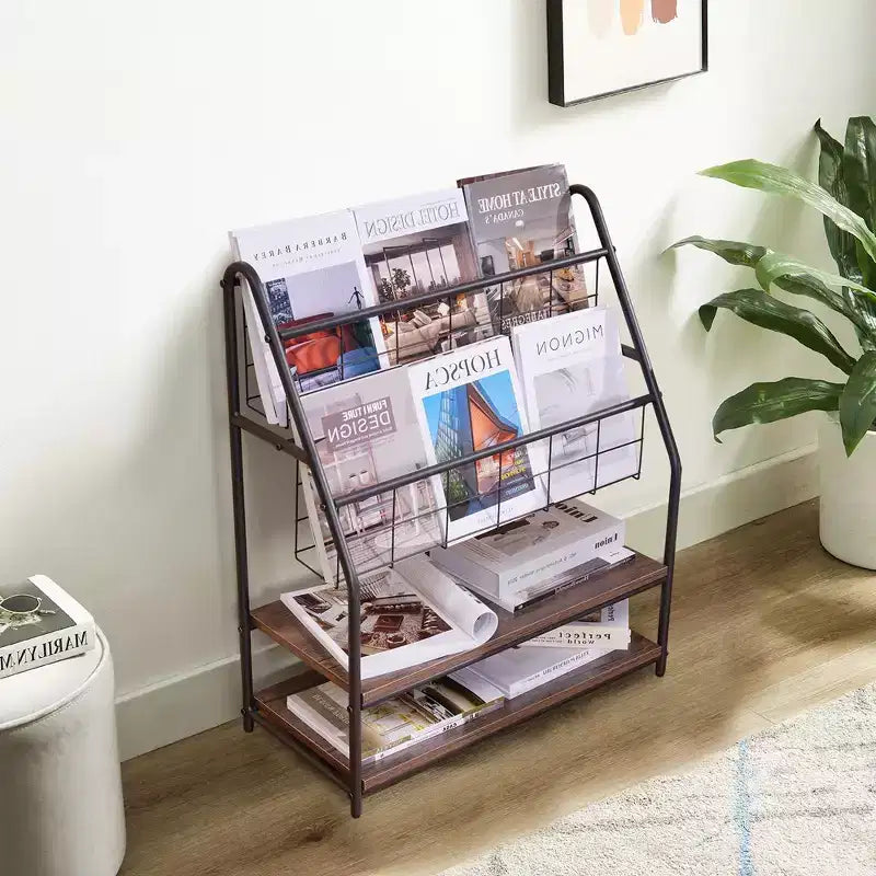 Étagère et porte-revues autoportants à 2 niveaux en métal pour petits espaces