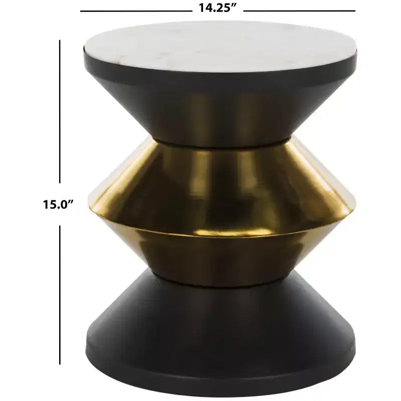 Guéridon rond avec plateau en pierre, piètement sablier noir et or, touche sculpturale moderne