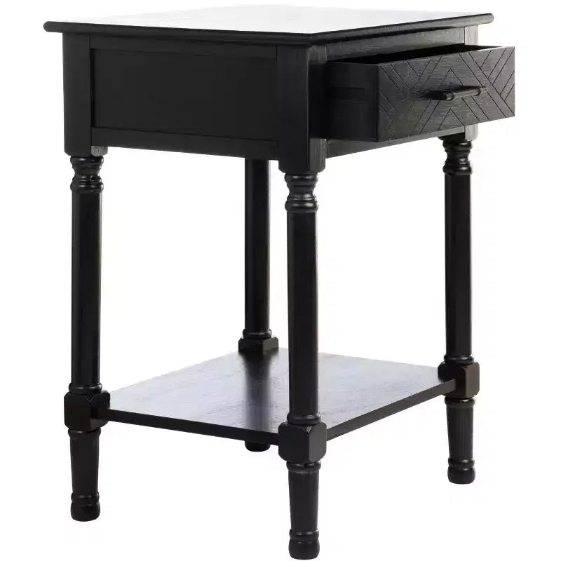 Table d'appoint avec 1 tiroir, motif à chevrons et étagère ouverte, blanc vieilli