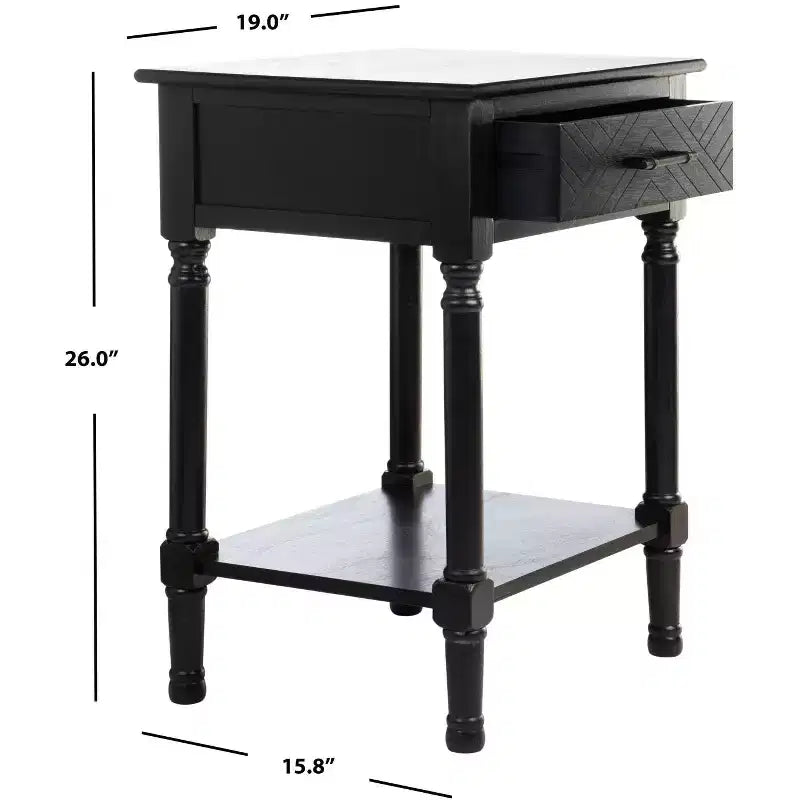 Table d'appoint avec 1 tiroir, motif à chevrons et étagère ouverte, blanc vieilli