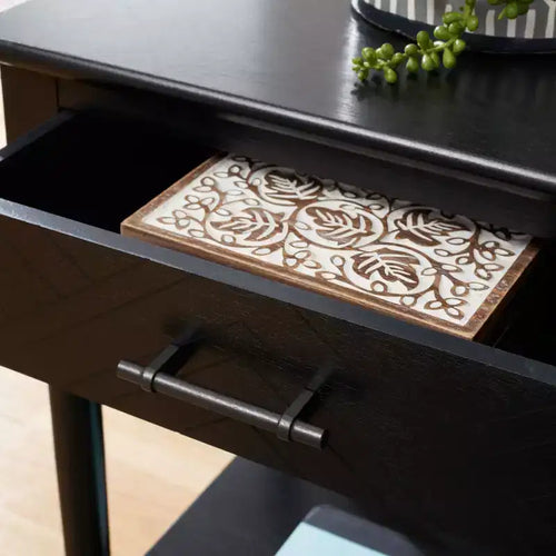 Table d'appoint avec 1 tiroir, motif à chevrons et étagère ouverte, blanc vieilli